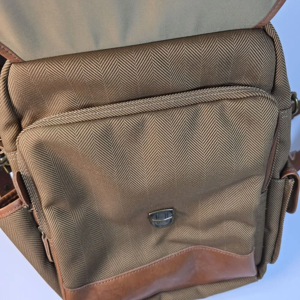 L.L. Bean Canvas Leather Crossbody Messenger Bag Brown Herringbone Travel Field